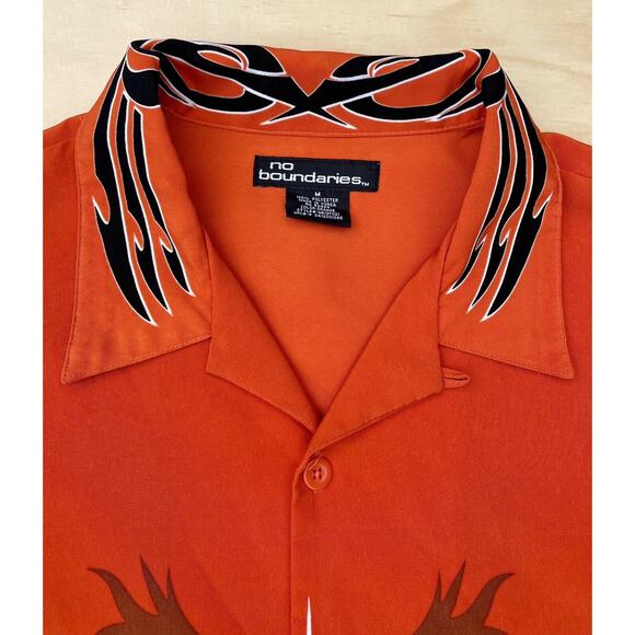 NO BOUNDARIES Vintage Flame & Dragon Camp Shirt Orange Black Polyester SIZE M - Picture 3 of 6